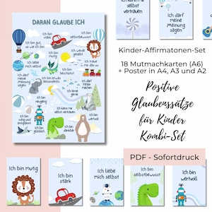 Affirmationen Kinder Set, Affirmationskarten Jungen und passendes Poster Kinderzimmer, Positive Glaubenssätze für die Kleinsten, PDF+Bilder