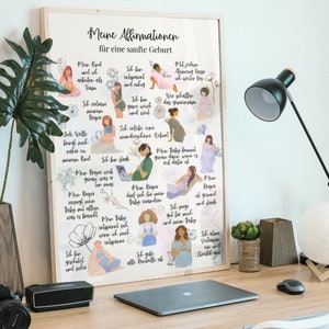 Poster mit Affirmationen für Schwangere, Hebammen und Doulas, Hypnobirthing, Positive Glaubenssätze sanfte Geburt