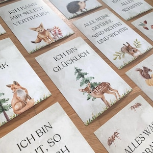 Affirmationskarten Kinder Waldtiere, 16 Mutmacher mit Echtholzstaffelei, Positive Glaubenssätze für Kinder zur täglichen Affirmation