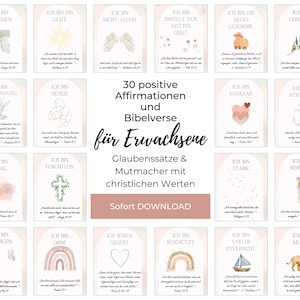 May include: A set of 30 printable affirmation cards with watercolour illustrations and Bible verses. The cards are designed for adults and feature positive affirmations and encouraging messages. The cards are pink, green, and white with a rainbow, a dove, a cross, a heart, a ship, a lion, and other illustrations.