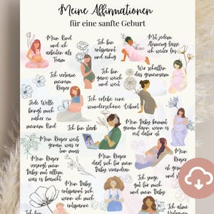 Poster mit Affirmationen für Schwangere, Hebammen und Doulas, Hypnobirthing, Positive Glaubenssätze sanfte Geburt Sofort Download