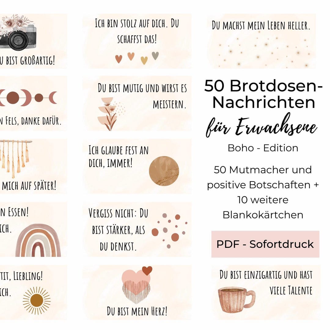 Brotdosennachrichten Partner, Brotbox Botschaften Erwachsene, Lunchbox-liebesbotschaften Boho-stil, PDF, Sofortdruck Zu Hause