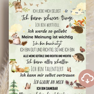 Motivationsposter Kinderzimmer mit positiven Affirmationen Sofort Download, Positive Glaubenssätze Wandbild, Affirmationsposter Waldtiere