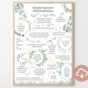 Könnte beinhalten: Ein grüner und goldener druckbarer Poster mit Affirmationen für Schwangerschaft und Geburt. Der Poster zeigt ein florales Design mit dem Text "Kinderwunsch Affirmationen" oben. Die Affirmationen beinhalten Sätze wie "Ich bin bereit für eine wundervolle Schwangerschaft", "Ich vertraue meinem Körper" und "Ich bin stark".