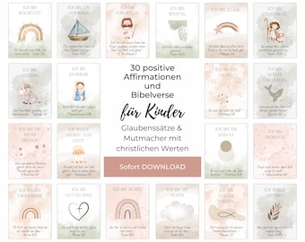 30 Christliche Affirmationskarten Kinder Bibelverse mit mutmachenden und positiven Affirmationen, christliche Ermutigungskarten (PDF+Bilder)