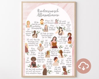 May include: A pink and green printable poster with illustrations of women and text in German. The text reads "Kinderwunsch Affirmationen" and includes affirmations such as "I trust my body" and "I am ready to become a parent".