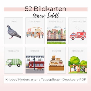 Puede incluir: Un conjunto de 52 tarjetas ilustradas con texto en alemán, que representan una paloma, una fiesta callejera, una ciudad, un camión de bomberos, un camión de basura, una estación de tren, una panadería y un parque infantil. El texto superior dice "52 Bildkarten Unsere Satdt".