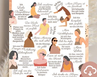 May include: A colorful poster with illustrations of women and text in German. The text includes affirmations such as "I love and respect my body", "I am enough", "My opinion about myself is the only one that counts", and "I am grateful for my body".