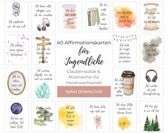 Affirmationskarten für Jugendliche, PDF Sofortdruck, 40 Achtsamkeitsimpulse Teenager Glaubenssätze und Mutmacher zum Eigendruck