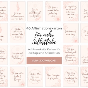 Affirmationskarten Selbstliebe, Achtsamkeitskarten tägliche Affirmation, Digitaler Download zum Direktdruck, 40 positive Glaubenssätze