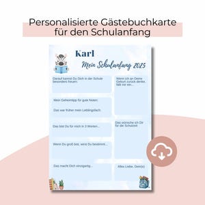 Schulanfang Gästebuch Karte zum Ausfüllen, Erinnerung Einschulung Gästebeschäftigung, personalisiert mit Namen, digitale Datei (PDF + PNG)