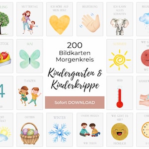 Morgenkreis Karten Kindergarten Tagesplaner, 200 Montessori Flashcards für Struktur in Krippe, Tagespflege, Kindergarten und Vorschule (PDF)