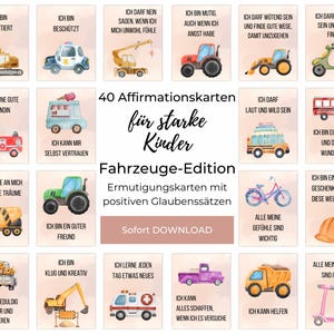 Affirmationskarten für Kinder digital zum Ausdrucken, Fahrzeuge-Edition mit Aquarell-Motiven, Ermutigungskarten, Motivationskarten Kinder