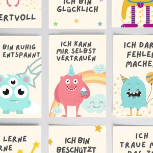 Affirmationskarten für Kinder für tägliche Achtsamkeitsübungen, Glaubenssätze für starke Kinder, Monsterkarten mit Mut-Sätzen