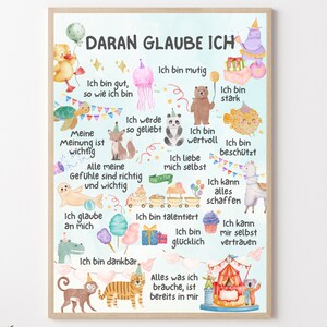 Poster Kinderzimmer mit positiven Affirmationen, Positive Glaubenssätze Tiermotive Affirmationsposter Kinder