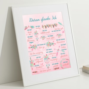 Könnte beinhalten: Rosa-blauer druckbarer Poster mit dem Text "Daran glaube Ich" und einer Liste positiver Affirmationen auf Deutsch.