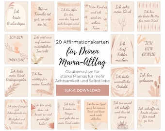 Affirmationskarten neue Mama PDF, 20 Karten Sofortdownload Geschenk zur Geburt Baby, Wochenbett Mutmachkarten Pampas Design Achtsamkeit