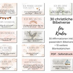 Bibelverse für Kinder mit mutmachenden Botschaften und positiven Affirmationen, christliche Kinderkarten positive Glaubensätze (PDF+Bilder)