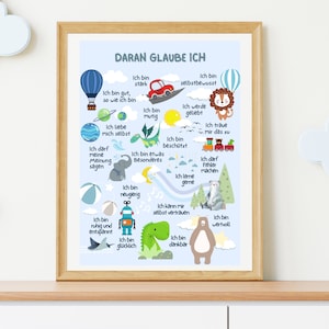 Affirmationen für Kinder, Selbstliebe Poster Kinderzimmer, Positive Glaubenssätze Kind, Affirmationsposter blau