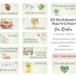 50 Brotdosen Nachrichten PDF, Brotbox Botschaften für Kinder - Frühlingsedition, Mutmacher Schüler Glücksbringer, Sofortdruck zu Hause (PDF)