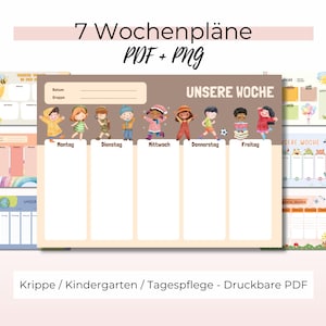 Puede incluir: Un planificador semanal imprimible con el texto "7 Wochenpläne PDF + PNG" y "Unsere Woche". El planificador presenta ilustraciones de niños y está diseñado para su uso en una guardería o jardín de infancia. También se incluye el texto "Krippe / Kindergarten / Tagespflege - Druckbare PDF".