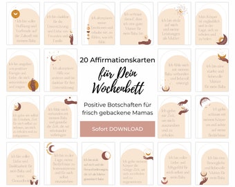 Affirmationskarten Wochenbett, 20 positive Glaubenssätze für frischgebackene Mamas nach der Geburt, Postpartum Karten