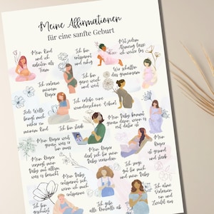 Poster mit Affirmationen für Schwangere, Hebammen und Doulas, Hypnobirthing, Positive Glaubenssätze sanfte Geburt
