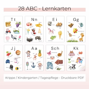 Könnte beinhalten: Ein Satz von 28 druckbaren Alphabet-Flashcards für Kinder. Jede Karte zeigt eine farbenfrohe Illustration eines Objekts, das mit dem Buchstaben beginnt, sowie den Buchstaben selbst in Groß- und Kleinschreibung. Die Karten sind für den Einsatz im Kindergarten, in der Vorschule oder in der Kindertagesstätte konzipiert.