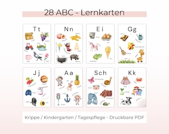 Può includere: Un set di 28 flashcard dell'alfabeto stampabili per bambini. Ogni carta presenta un'illustrazione colorata di un oggetto che inizia con la lettera, insieme alla lettera stessa in maiuscolo e minuscolo. Le carte sono progettate per l'uso nella scuola materna, all'asilo o al nido.