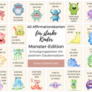 40 Affirmationskarten Kinder, Monster-Edition mit Aquarell-Motiven zum Eigendruck, Ermutigungskarten Schüler, Motivationskarten Kinder