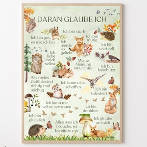 Poster Kinderzimmer mit positiven Affirmationen, Positive Glaubenssätze Waldtiere Wandbild, Affirmationsposter Kinder Waldmotive