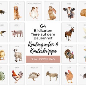 Flashcards Tiere Bauernhof, 64 Bildkarten Hoftiere für Kinderkrippe, Kindergarten und Vorschule, Tiere Lernkarten Kita (PDF + Bilddateien)