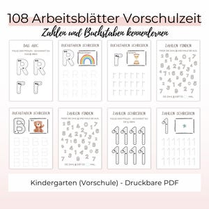 Könnte beinhalten: Ein Satz von 108 druckbaren Vorschulblättern für Kinder, um das Alphabet und die Zahlen zu lernen. Die Arbeitsblätter bieten eine Vielzahl von Aktivitäten, darunter das Nachzeichnen von Buchstaben und Zahlen, das Finden von Zahlen und das Schreiben von Zahlen. Die Arbeitsblätter sollen Kindern helfen, ihre Feinmotorik, Handschrift und Zahlenkenntnis zu entwickeln.