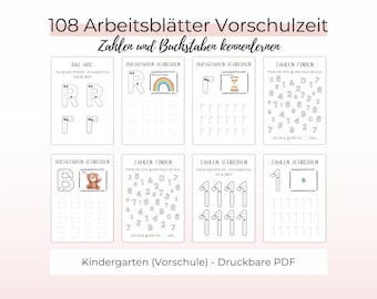 Arbeitsblätter PDF Zählen und Schreiben lernen, Vorschule und Grundschule Übungsblätter, 108 A4 Seiten im PDF-Format, Sofortdruck (Download)