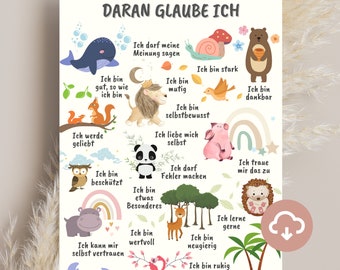Mutmach - Poster, Affirmationen für Kinder, Dekoration Kinderzimmer, Positive Glaubenssätze Affirmationsposter Kind Sofort Download