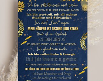 Achtsamkeit Poster mit positiven Glaubenssätzen für mehr Selbstliebe und Selbstfürsorge im Alltag, Affirmationsposter für Erwachsene