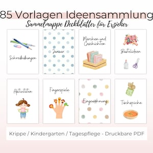 Op de afbeelding: Een set van 8 afdrukbare PDF-omslagbladen voor een lerarenmap. De omslagen bevatten illustraties van activiteiten zoals schrijven, vingerverven, verhalen vertellen, knutselen en meer. De tekst op de omslagen omvat "Schreibübungen", "Fingerspiele", "Marchen und Geschichten", "Bastelideen", "Aktivitaten", "Eingewohnung", "Januar", en "Tischspüche".