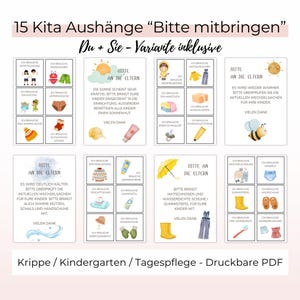 Könnte beinhalten: 15 druckbare Schilder für eine Kita oder einen Kindergarten, mit dem Text "Bitte mitbringen" und verschiedenen Illustrationen, darunter eine Sonne, eine Biene, eine Regenwolke und ein Paar Stiefel.