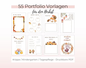 Herbst Portfolio Vorlagen Kindergarten / Kindergrippe / Kindertagespflege, Kita Portfolio + Ausmalbilder Herbst + Bastelvorlagen Abdrücke