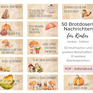 50 Lunchbox Nachrichten für Schüler (PDF), Brotdosennachrichten Kinder - Herbstedition, Mutmacher für Brotbox, kleine Glücksbringer Schule