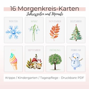 Flashcards Jahreszeiten und Monate, Morgenkreis Lernkarten zum Eigendruck, Bildkarten Kindergarten und Kinderkrippe (PDF und Bilddateien)