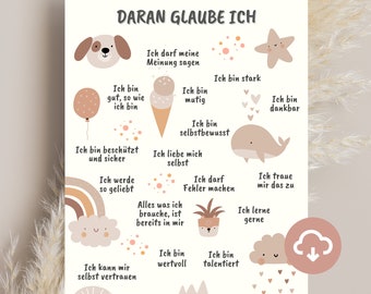 Mutmach - Poster, Affirmationen für Kinder, Boho Dekoration Kinderzimmer, Positive Glaubenssätze Affirmationsposter Kind Sofort Download