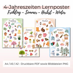 Könnte beinhalten: Vier Lernposter, die die Jahreszeiten Frühling, Sommer, Herbst und Winter darstellen. Jedes Poster zeigt Aquarellillustrationen von saisonalen Elementen, darunter Blumen, Tiere und Wettersymbole. Der Text auf den Postern lautet "4-Jahreszeiten Lernposter" und die Namen der Jahreszeiten.