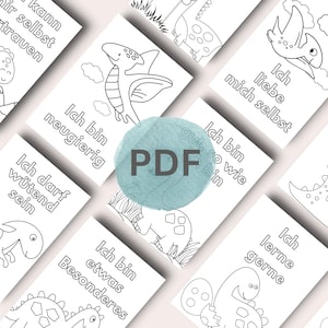 Dino Affirmationskarten Kinder zum Ausmalen, PDF mit 20 Dinosaurier Ausmal-Motiven zum Ausdrucken, Stärkung Selbstbewusstsein Kind
