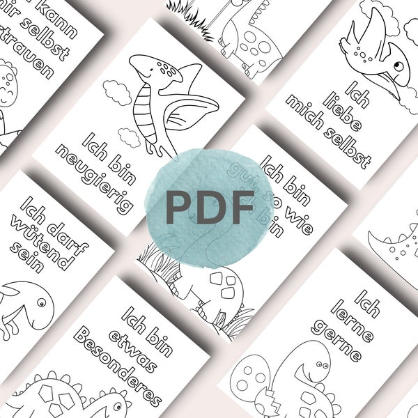 Dino Affirmationskarten Kinder zum Ausmalen, PDF mit 20 Dinosaurier Ausmal-Motiven zum Ausdrucken, Stärkung Selbstbewusstsein Kind