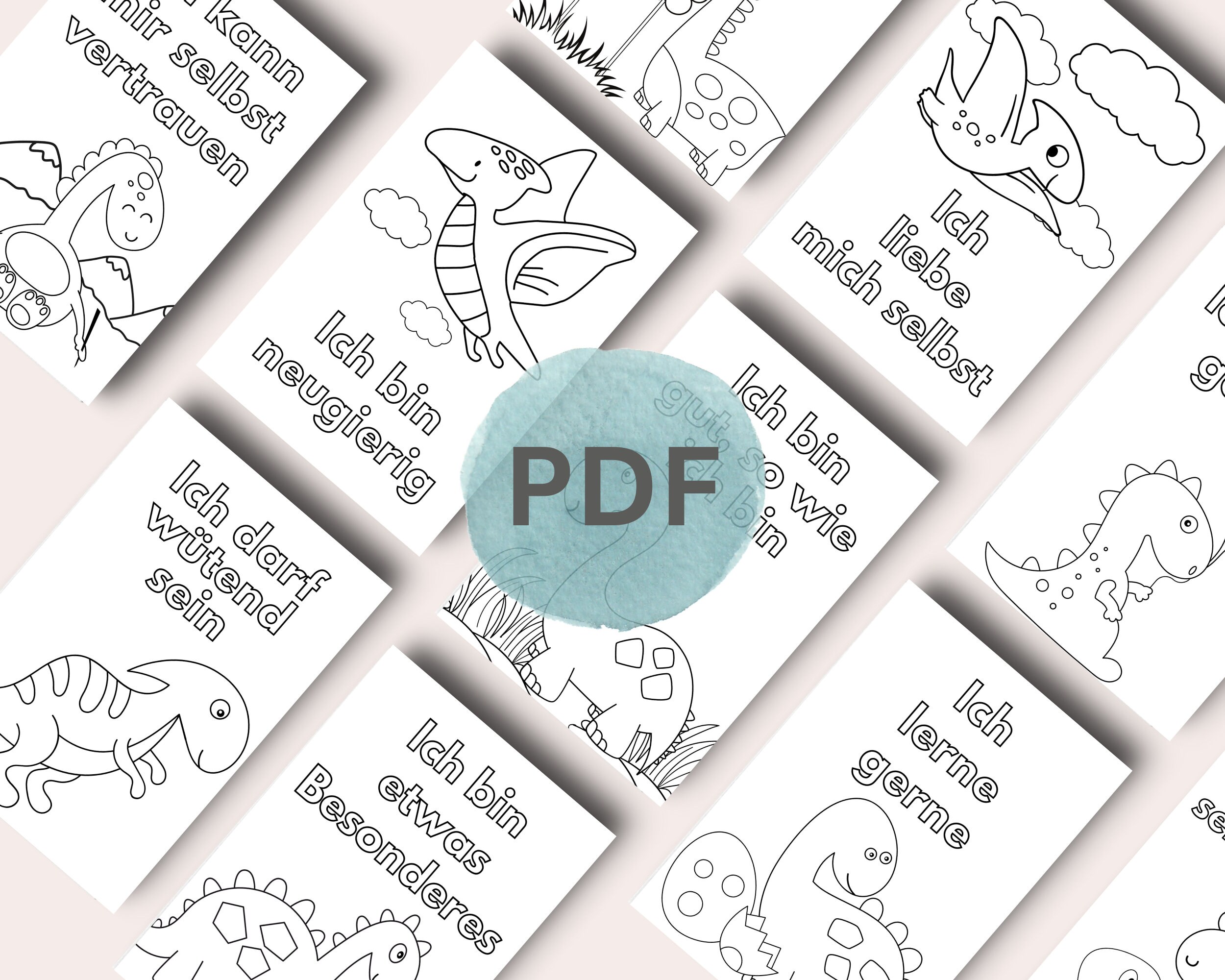 Dino Affirmationskarten Kinder zum Ausmalen, PDF mit 20 Dinosaurier Ausmal-Motiven zum Ausdrucken, Stärkung Selbstbewusstsein Kind