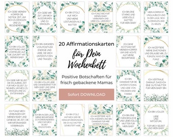 Wochenbett Affirmationskarten, 20 positive Glaubenssätze als Geschenk für frischgebackene Mamas, digitaler Sofort-Download