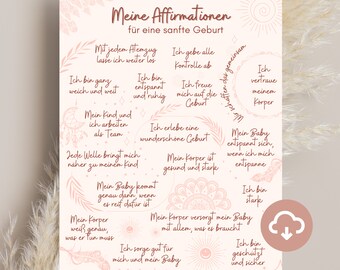 Affirmationsposter Schwangerschaft und Geburt, Hypnobirthing Glaubenssätze für Schwangere, Hebammen und Doulas Sofort Download