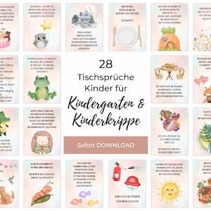 Könnte beinhalten: Eine Sammlung von 28 illustrierten Karten mit deutschem Text, entworfen für Kinder. Die Karten zeigen verschiedene Aquarellbilder von Tieren, Essen und Szenen, mit dem Titel "Tischsprüche Kinder für Kindergarten & Kinderkrippe" in der Mitte.