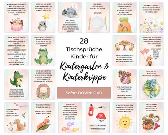 Tischsprüche Kindergarten und Tagespflege, Erzieher Vorlagen Reime Essenszeit, 28 Tischsprüche für Kinder zum Eigendruck (PDF + JPG-Format)